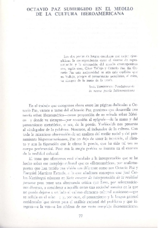 Octavio Paz sumergido en el meollo de la cultura iberoamericana  [artículo] Augusto Tamayo Vargas.