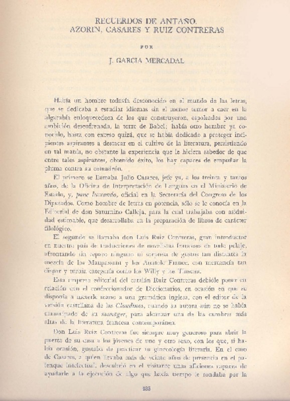 Recuerdos de antaño. Azorín, Casares y Ruiz Contreras  [artículo] J. García Mercadal.