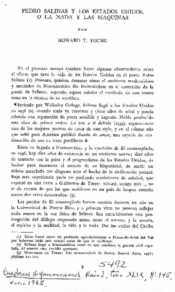 Pedro Salinas y Los Estados Unidos, o La Nada y Las Maquinas