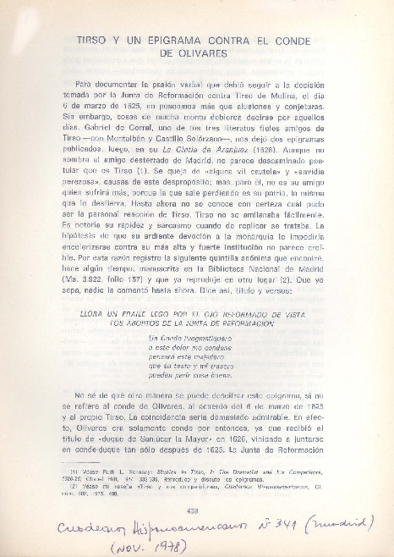 Tirso y un epigrama contra el Conde de Olivares  [artículo] Jaime Asensio.