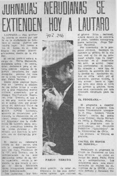 Jornadas nerudianas se extienden hoy a Lautaro.
