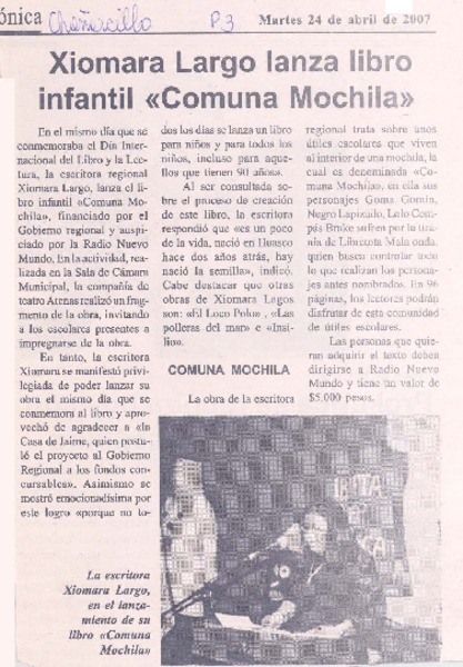 Xiomara Larga lanza libro infantil "Comuna Mochila"