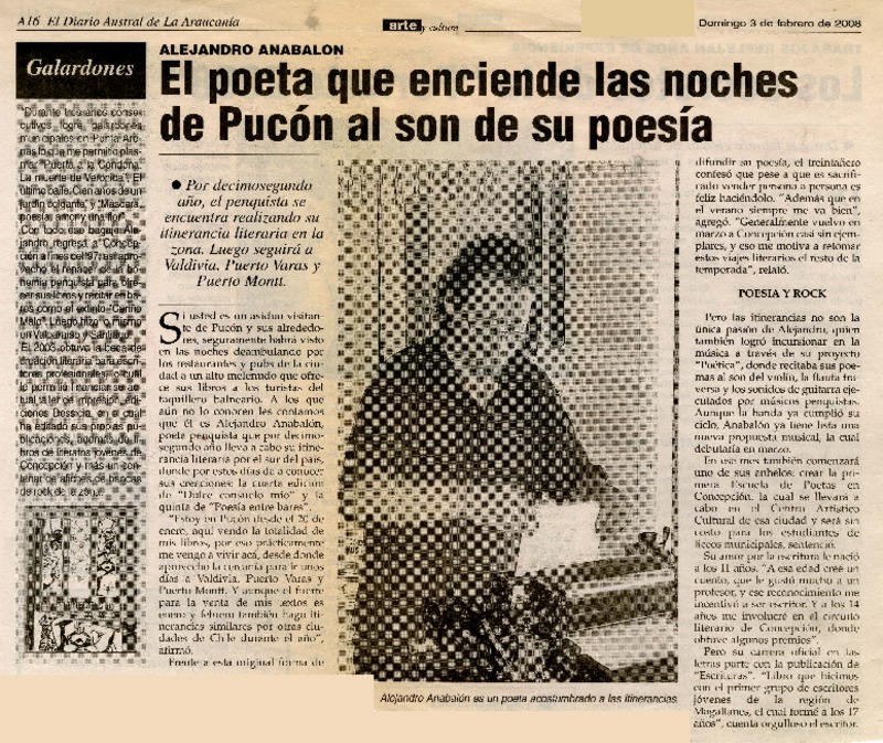 El poeta que enciende las noches de Pucón al son de su poesía  [artículo].