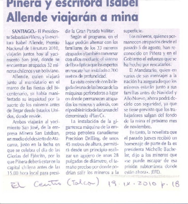 Piñera y escritora Isabel Allende viajarán a mina