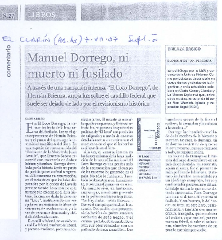 Manuel Dorrego, ni muerto ni fusilado  [artículo] Gloria Milesi.