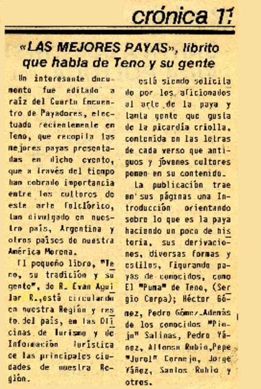 "Las mejores payas", librito que habla de Teno y su gente  [artículo].