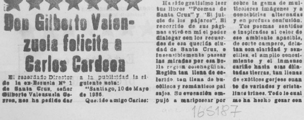 Don Gilberto Valenzuela felicita a Carlos Cardoen