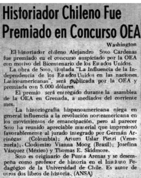 Historiador chileno fue premiado en concurso OEA.
