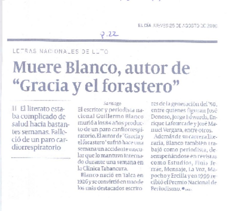 Muere Blanco, autor de "Gracia y el forastero"