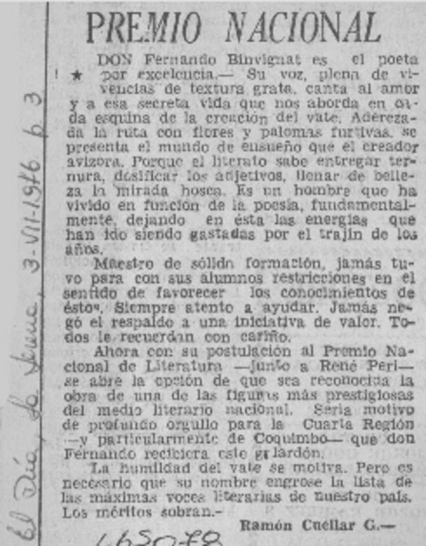 Premio Nacional  [artículo] Ramón Cuéllar G.