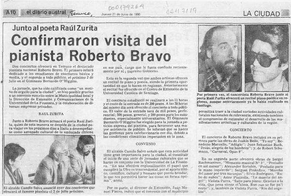 Confirmaron visita del pianista Roberto Bravo  [artículo].