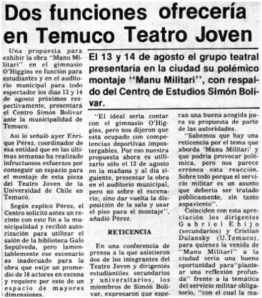 Dos funciones ofrecería en Temuco Teatro Joven