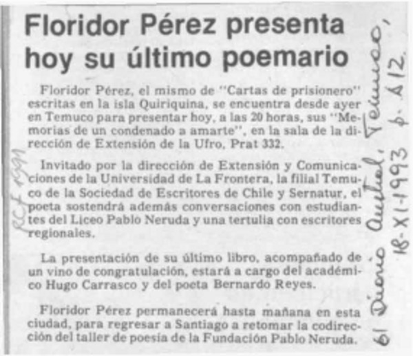 Floridor Pérez presenta hoy su último poemario  [artículo].