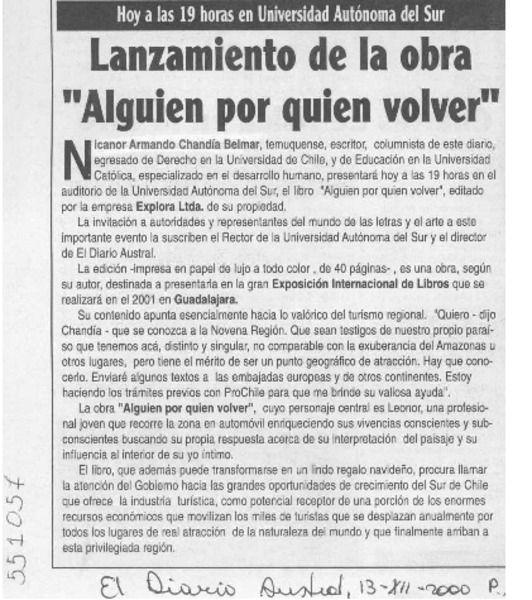 Lanzamiento de la obra "Alguien por quien volver"  [artículo]