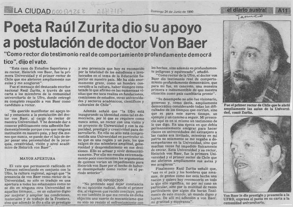Poeta Raúl Zurita dio su apoyo a postulación de doctor Von Baer  [artículo].