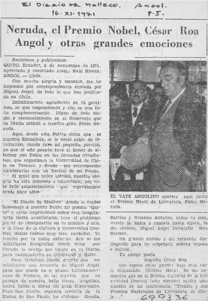 Neruda, el Premio Nobel, César Roa Angol y otras grandes emociones.
