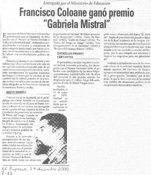 Francisco Coloane ganó premio "Gabriela Mistral"