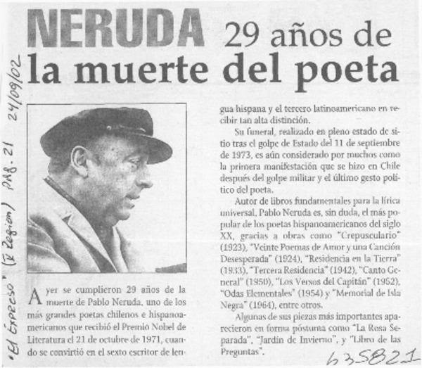 Neruda 29 años de la muerte del poeta  [artículo]