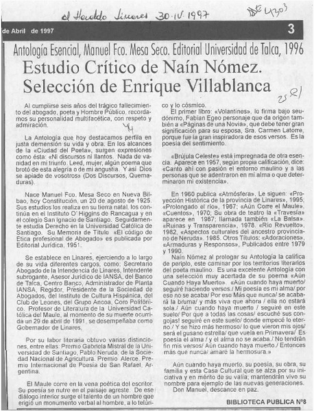 Estudio crítico de Naín Nómez  [artículo].