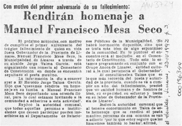 Rendirán homenaje a Manuel Francisco Mesa Seco  [artículo].