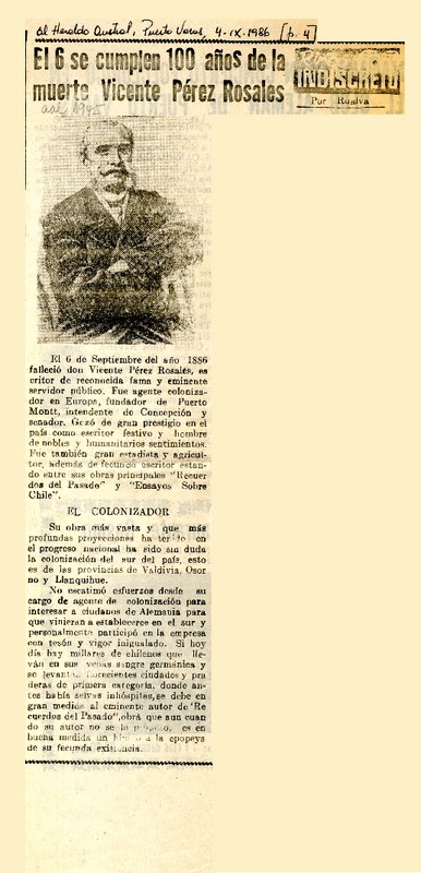 El 6 se cumplen 100 años de la muerte Vicente Pérez Rosales  [artículo] Roalva.