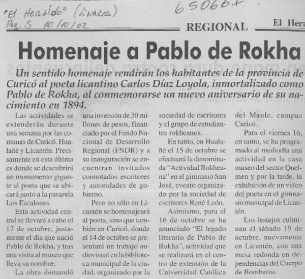 Homenaje a Pablo de Rokha  [artículo]