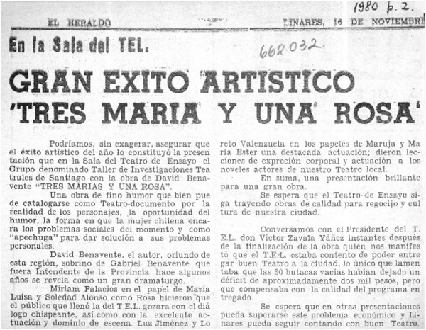Gran exito artístico "tres maria y una rosa".  [artículo]