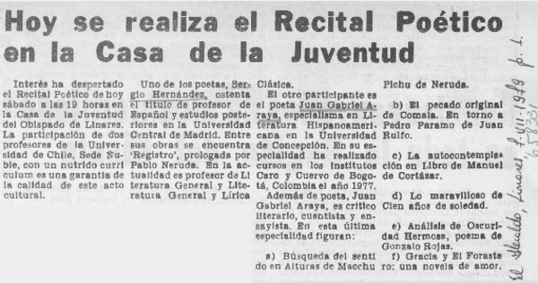 Hoy se realiza el recital poético en la Casa de la Juventud.