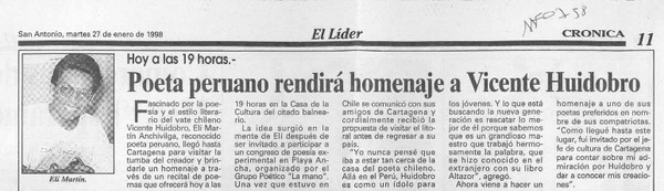 Poeta peruano rendirá homenaje a Vicente Huidobro
