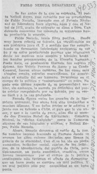 Pablo Neruda desaparece.