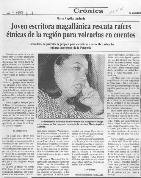 Joven escritora magallánica rescata raíces étnicas de la región para volcarlas en cuentos  [artículo].
