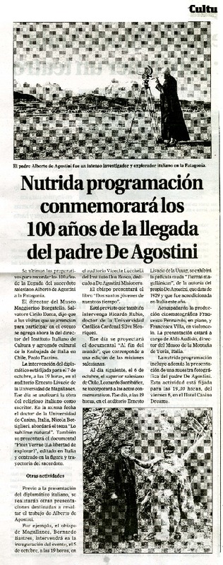 Nutrida pogramaciòn conmemorarà los 100 años de la llegada del padre De Agostini  [artículo]