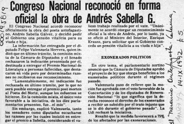 Congreso Nacional reconoció en forma oficial la obra de Andrés Sabella G.  [artículo].
