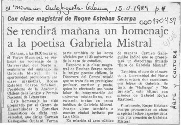 Se rendirá mañana un homenaje a la poetisa Gabriela Mistral  [artículo].