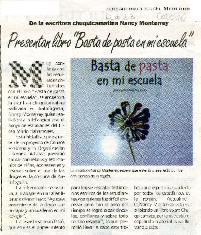 Presentan libro "Basta de pasta en mi escuela"  [artículo].