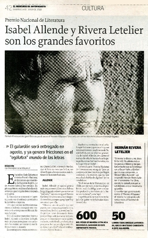 Premio Nacional de Literatura : Isabel Allende y Rivera Letelier son los grandes favoritos. [artículo]