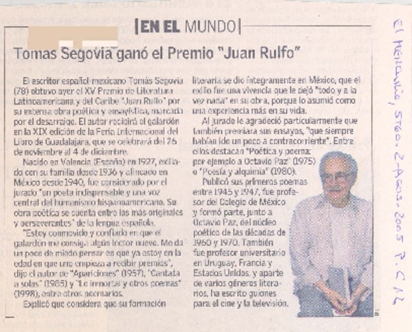 Tomás Segovia ganó el Premio "Juan Rulfo"