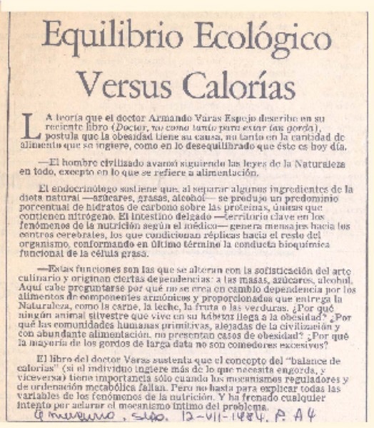 Equilibrio ecológico versus calorías.