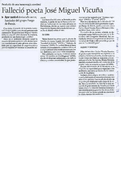Falleció poeta José Miguel Vicuña