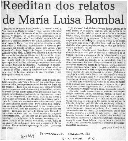Reeditan dos relatos de María Luisa Bombal.  [artículo] Ana Julia Ramírez.