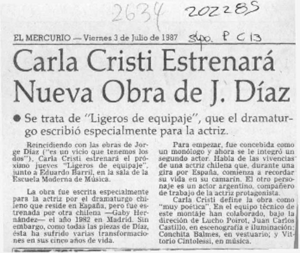 Carla Cristi estrenará nueva obra de J. Díaz  [artículo].