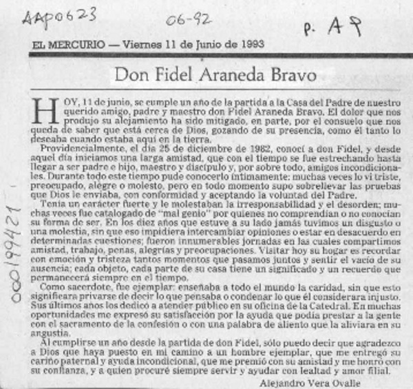 Don Fidel Aranera Bravo  [artículo] Alejandro Vera Ovalle.