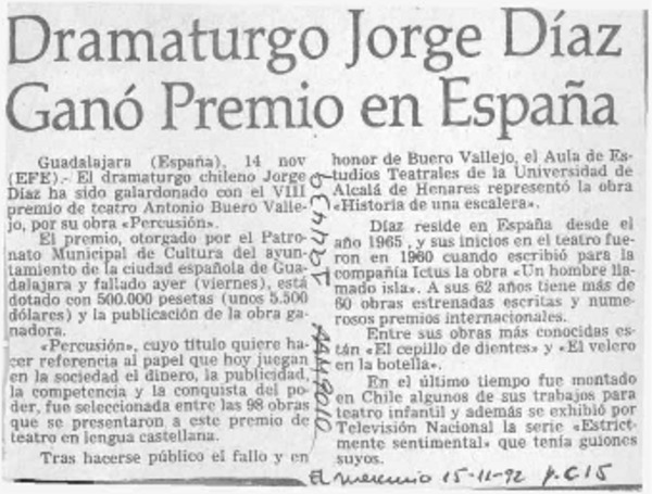Dramaturgo Jorge Díaz ganó premio en España  [artículo].