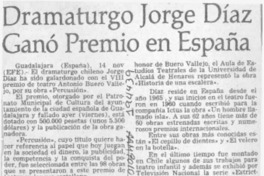 Dramaturgo Jorge Díaz ganó premio en España  [artículo].