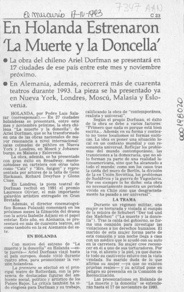 En Holanda estrenaron "La muerte y la doncella"  [artículo] Pedro Luis Salazar.