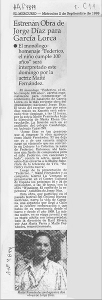 Estrenan obra de Jorge Díaz para García Lorca  [artículo].