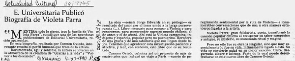E. Universitaria publicó biografía de Violeta Parra  [artículo].