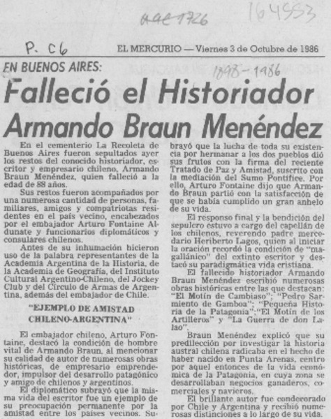 Falleció el historiador Armando Braun Menéndez