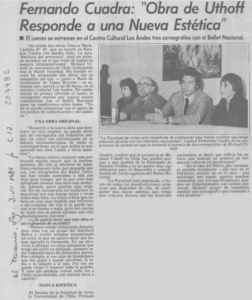 Fernando Cuadra, "Obra de Uthoff responde a una nueva estética"