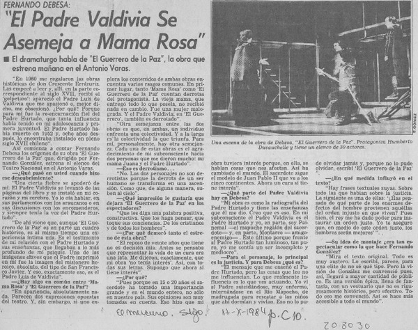 Fernando Debesa, "El padre Valdivia se asemeja a Mama Rosa"